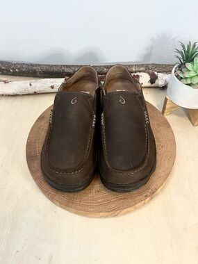 OluKai Moloa Men's Leather Slip-On Shoes - Dark Wood - Size 9